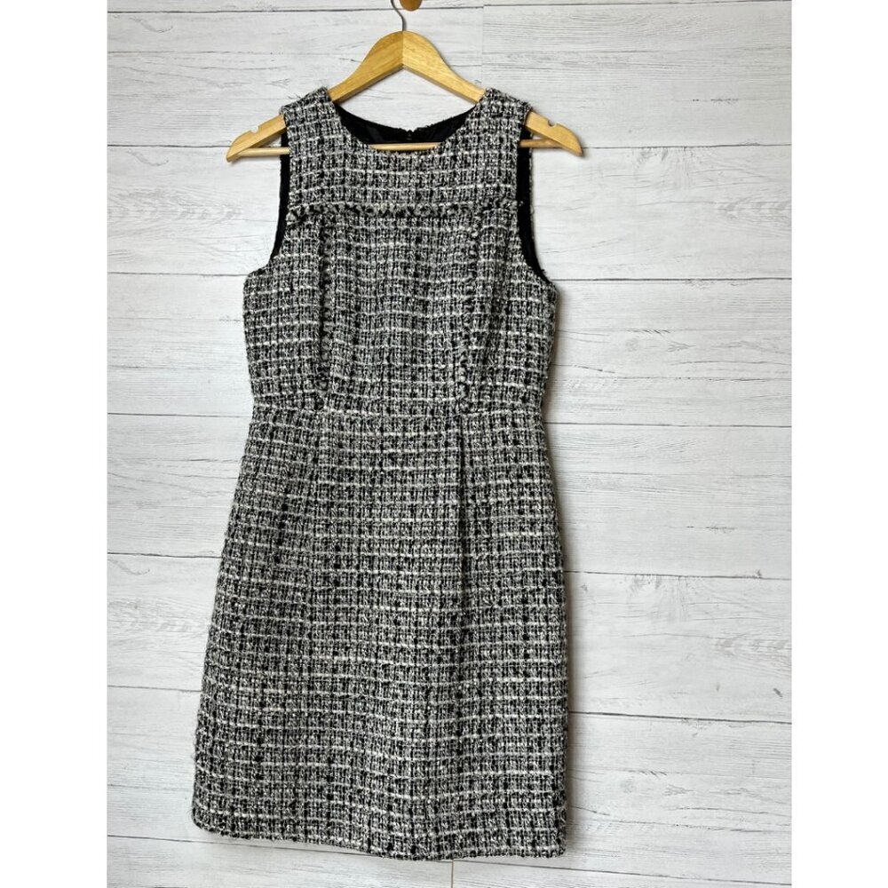 J Crew Dress Womens Size 6 Black & White Tweed Pleated Sheath Academia